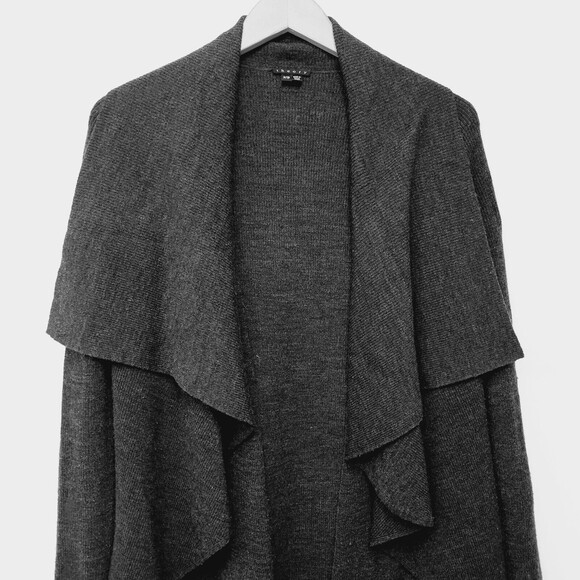 Teory Wool Black Size P/TP Ruffle Open Cardigan Sweater Coat - Picture 3 of 10